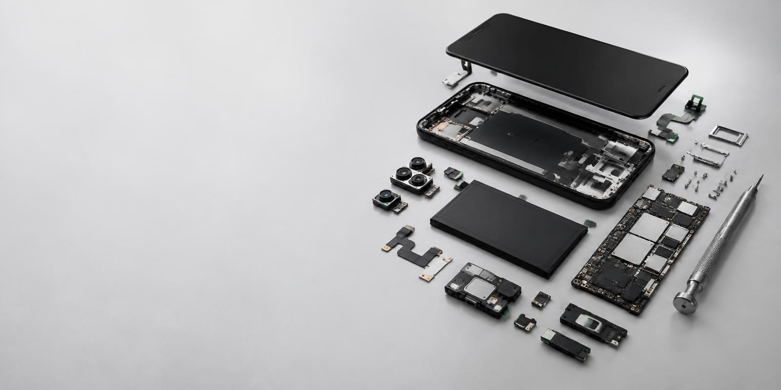 Peças de um smartphone organizadas para reparo